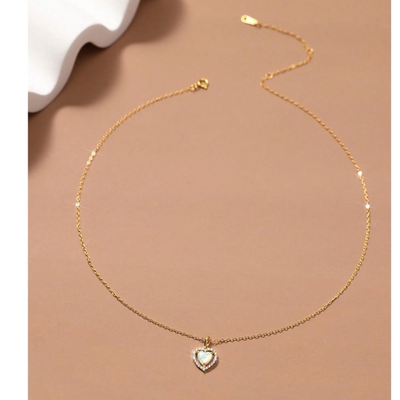 925 Sterling Silver Gold Plated Cubic Zirconia Opal Heart Necklace - Picture 6 of 6